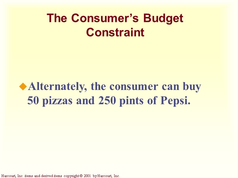 The Consumer’s Budget Constraint Alternately, the consumer can buy 50 pizzas and 250 pints The Consumer’s Budget Constraint Alternately, the consumer can buy 50 pizzas and 250 pints